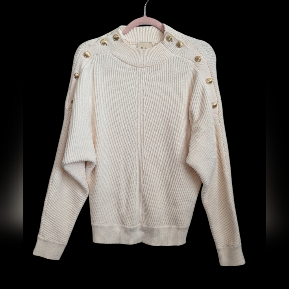 Elie Tahari Cream Ivory Ribbed Sweater With Gold Button Detail Size Medium